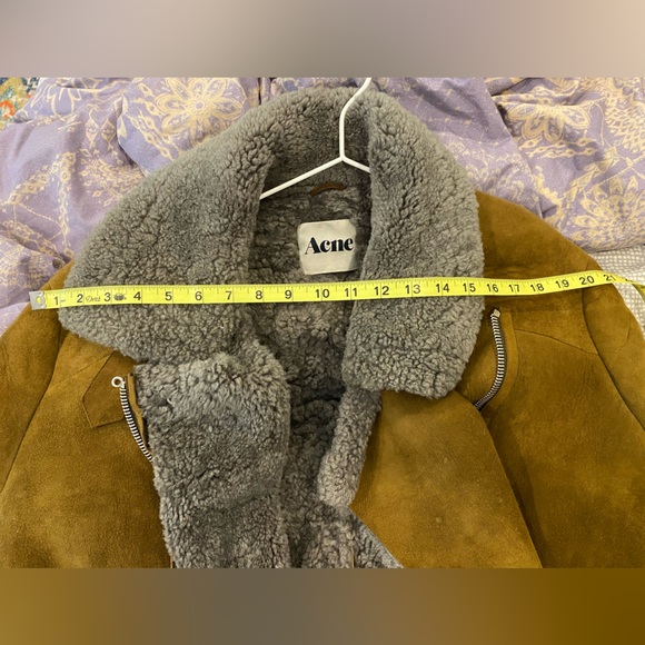 Acne Velicite Shearling Brown Gray Moto Jacket Coat 38 oversized Sheepskin suede - Picture 5 of 6